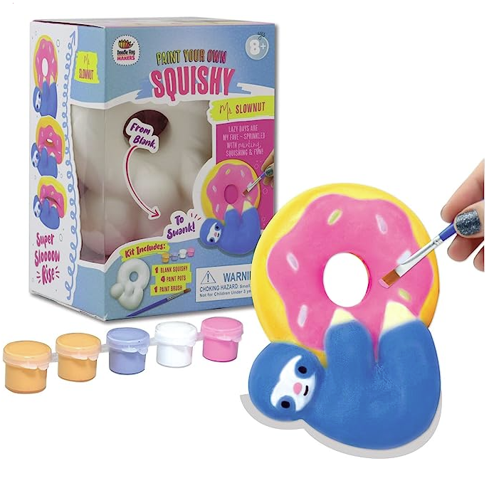 img: product image of a paint your own squishy kit featuring a blue sloth and pink donut design