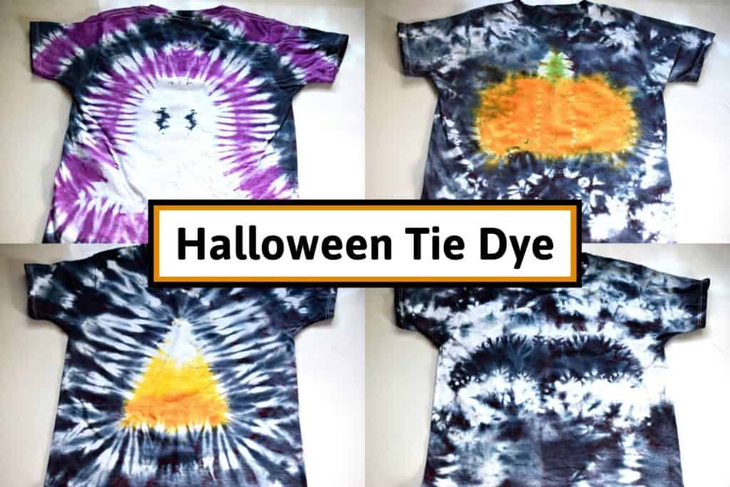 a picture of a ghost tie dyed shirt, a pumpkin tie dyed shirt, a candy corn tie dye shirt, and a bat tie dye shirt. 