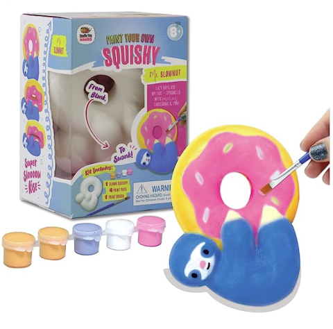 img: product image of a paint your own squishy kit featuring a blue sloth and pink donut design