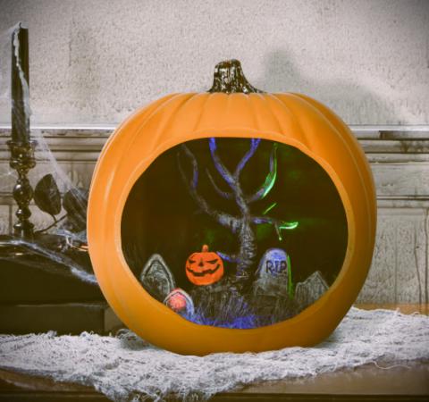 pumpkin diorama with spooky interior