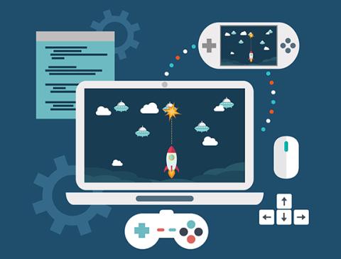 illustration of computer linked to gaming devices and coding