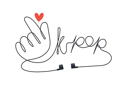 kpop illustration with headphones forming letters and heart hand gesture
