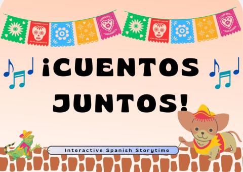 cuentos juntos on a tan background with mexican inspired decorations