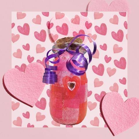 love potion jar with hearts and mod podge decor