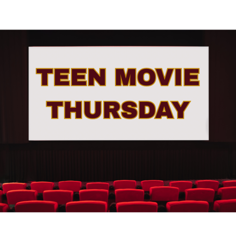 a photo of a movie theater with red chairs looking toward the screen, with the words teen movie thursday written across the screen